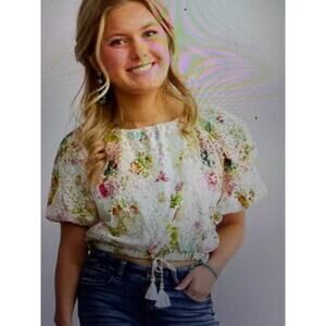 Miss Me Floral Eyelet Puff Sleeve Cropped Top Size Size L